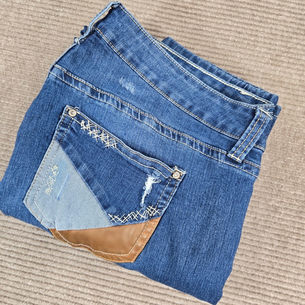 Zanadi Womens 18W Blue Patchwork Mixed Media Straight Leg Denim Jeans